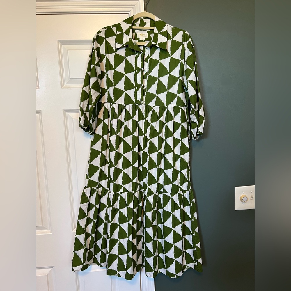 Anthropologie Maeve Bettina Green and White Patterned Dress